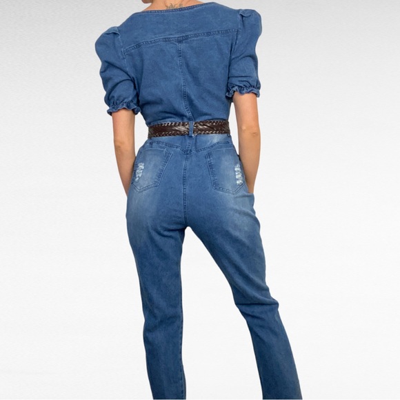 Puff Sleeve Sweetheart Neck Distressed Denim Raw Ankle Jean Overall Jumpsuit - Picture 8 of 10